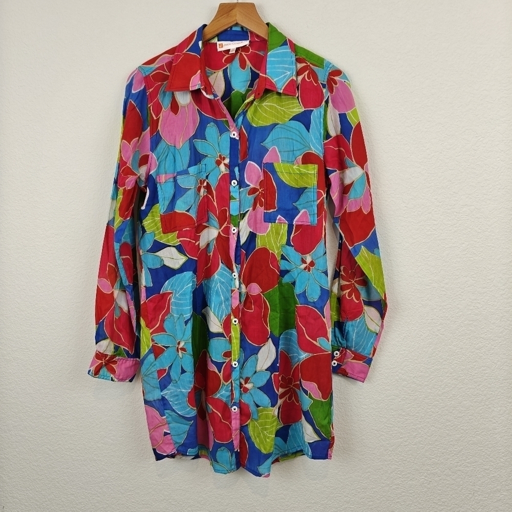 Jude Connally Button Up Lightweight Floral Long Sleeve Cotton Shirt Dress Small